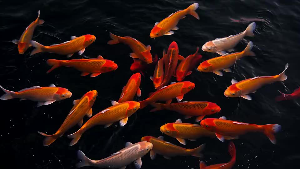 Koi turn through black water, only their backs catching the light