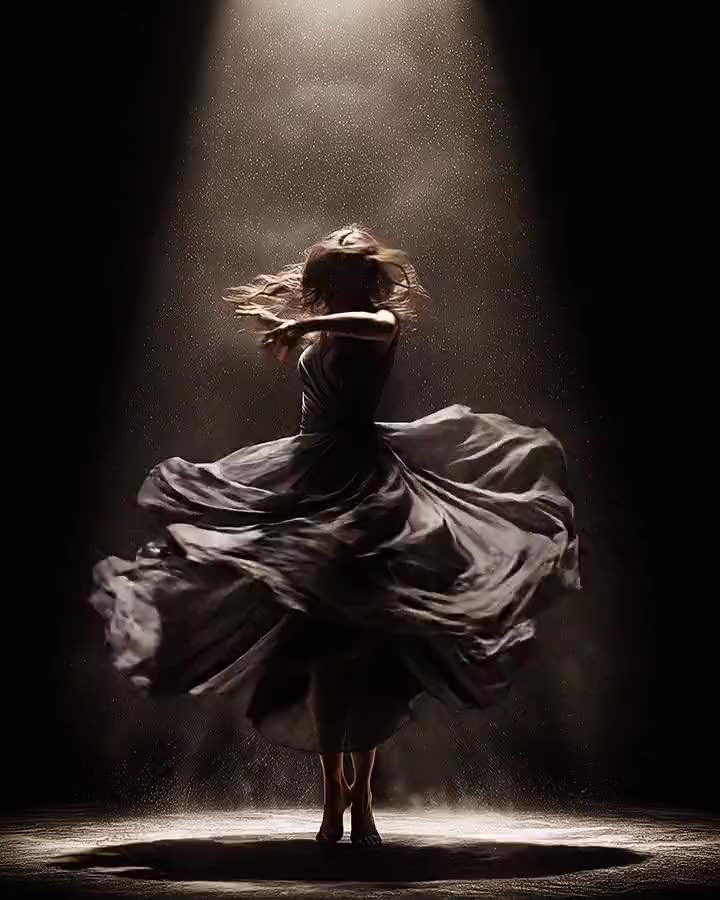A dancer holds one long turn under a single hard toplight, dust in the beam